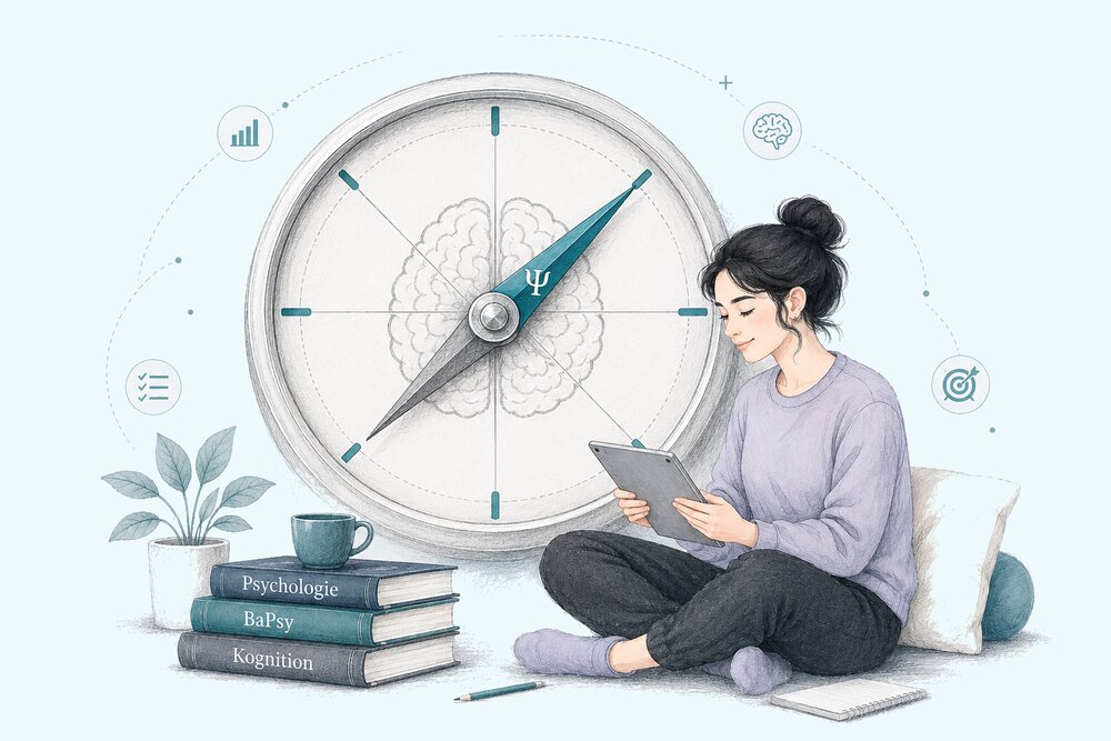Illustration einer BaPsy-Vorbereitung mit Kompass, Psychologie-Büchern und Tablet